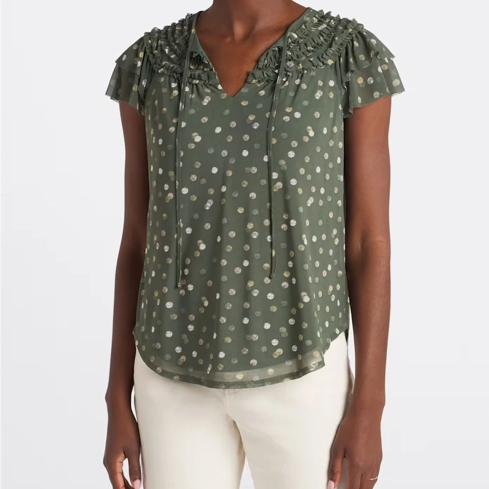 Green Ruched Ruffled Blouse - Picture 2 of 6